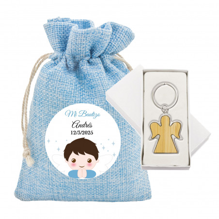 Porte-clés en bambou avec bords métalliques en forme d'ange dans un sac céleste avec autocollant pour baptêmes