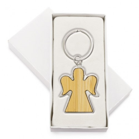Porte-clés en bambou avec bords métalliques en forme d'ange dans un sac céleste avec autocollant pour baptêmes