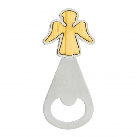 Ouvre-bouteille ange présenté dans une boîte avec un autocollant ovale première communion pour les cadeaux.