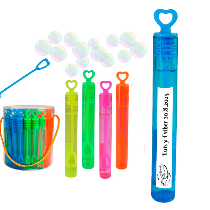 Pompe à bulles en forme de cœur avec autocollant personnalisable alliances pour détails de mariage