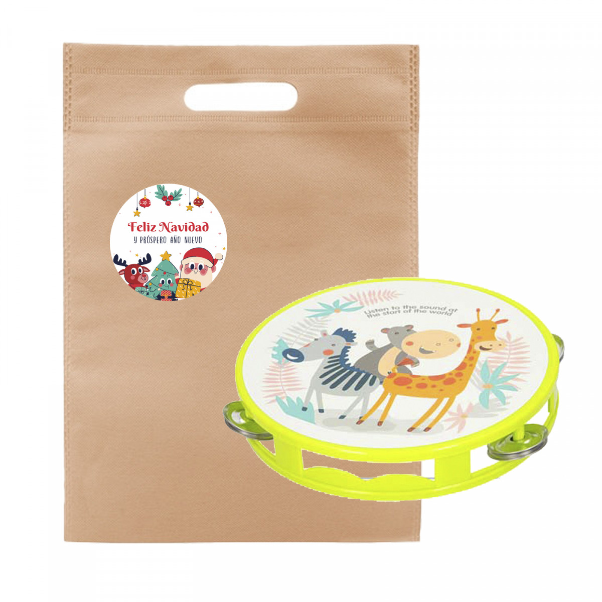 Tambourin enfant dans un sac personnalisé avec un autocollant de Noël à offrir