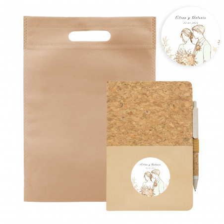 Cahier en liège couleur crème personnalisé avec autocollant de mariage et sac cadeau