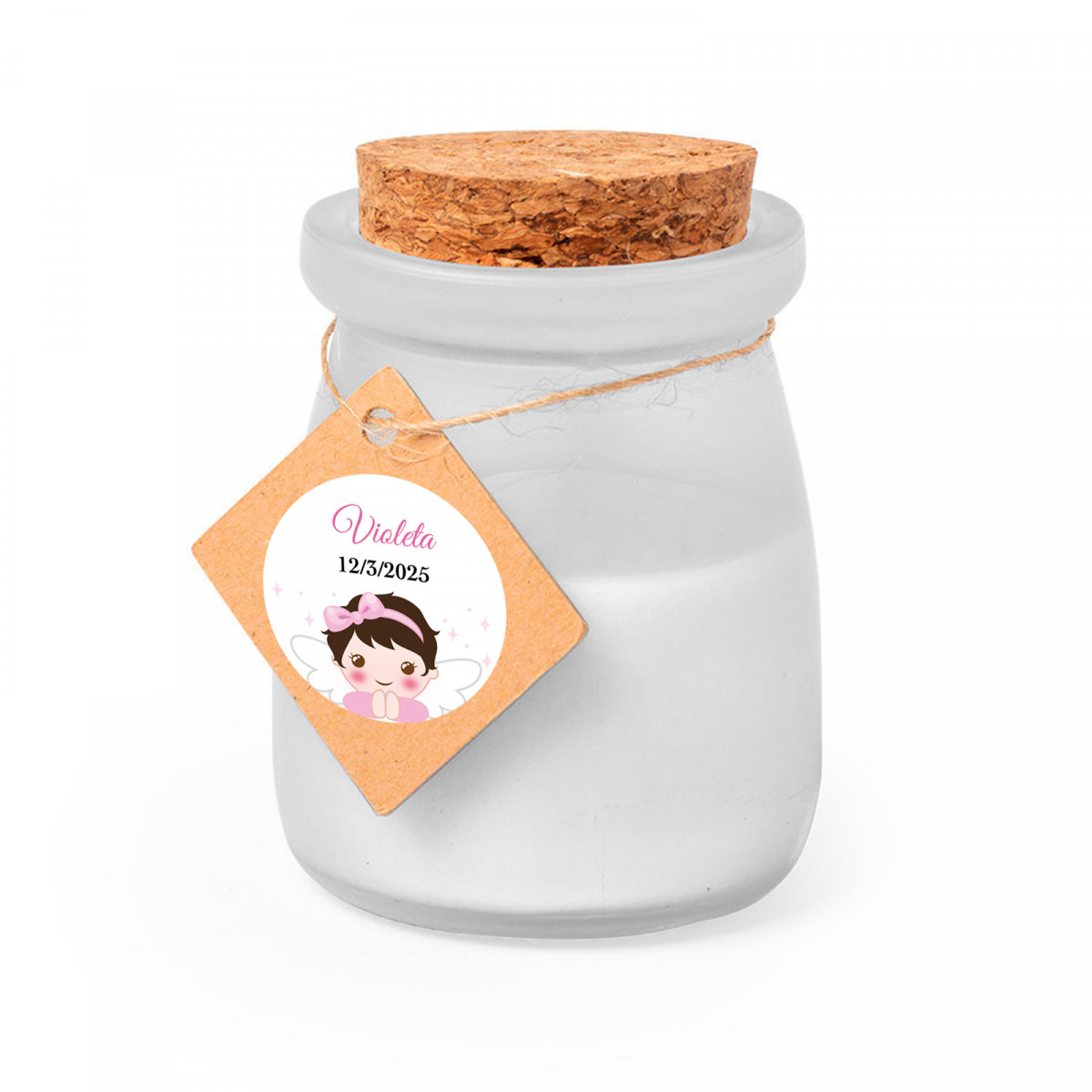 Bougie aromatique avec couvercle en liège et étiquette personnalisée pour les souvenirs de baptême fille