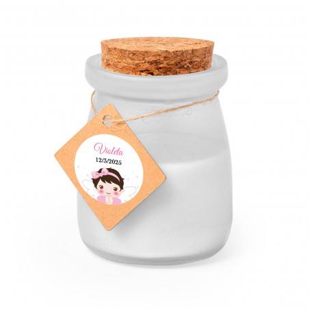 Bougie aromatique avec couvercle en liège et étiquette personnalisée pour les souvenirs de baptême fille