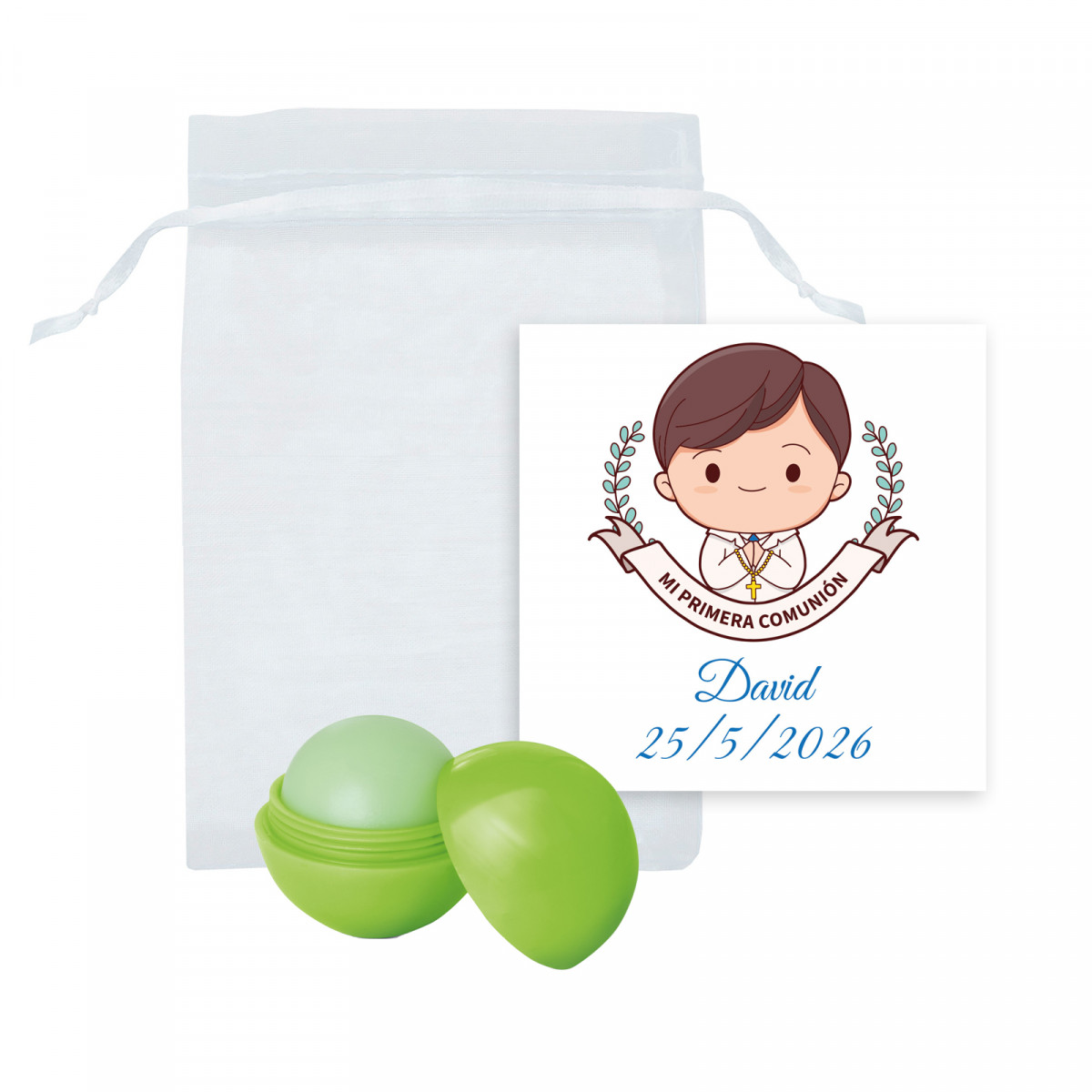 Baume à lèvres sphérique vert dans un sac en organza avec une carte pour la communion d'un garçon