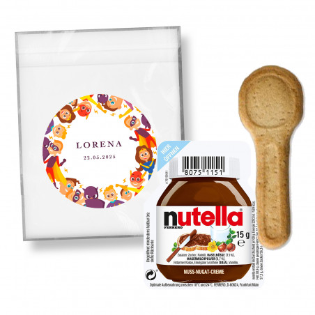 Nutella individuel avec cuillère à biscuits dans un sac personnalisé avec autocollant de super héros pour plus de détails