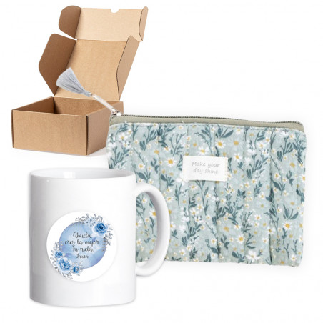 Nécessaire floral avec tasse personnalisée présenté dans une boîte pour des cadeaux
