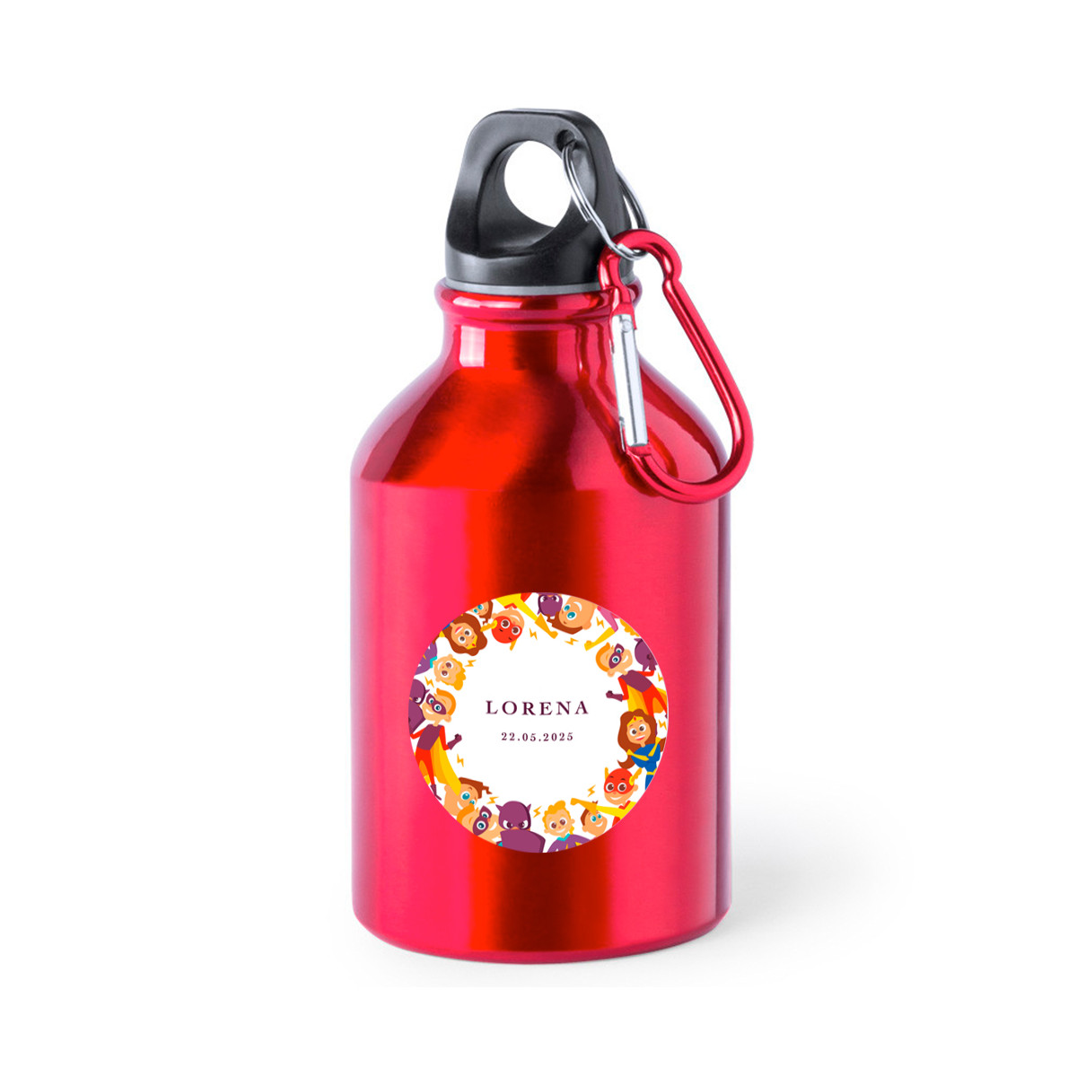Bouteille rouge avec autocollant super-héros pour les détails