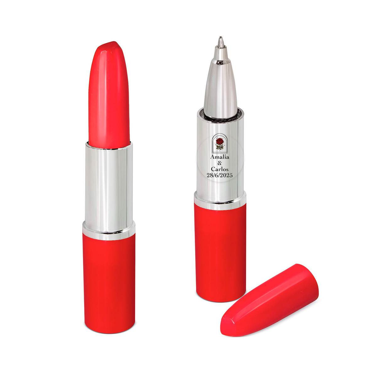 Stylo en forme de rouge à lèvres rouge avec un autocollant rose vintage pour les détails