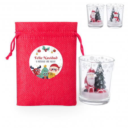 Bougie de Noël dans un verre présentée dans un sachet personnalisé avec le Père Noël