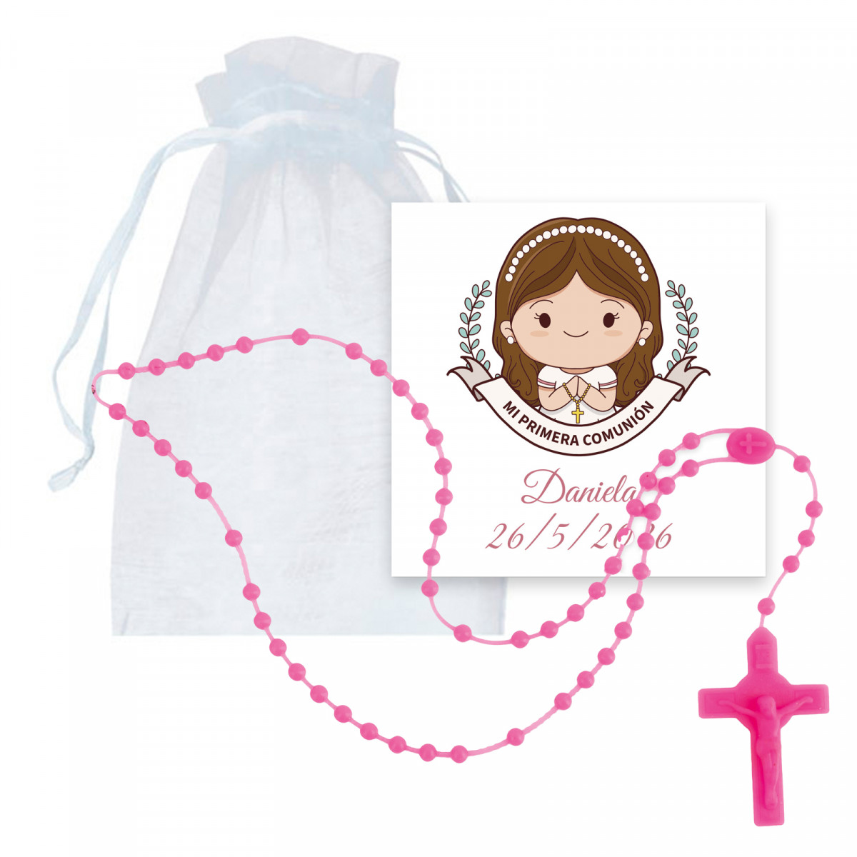 Rosario fuchsia en silicone avec carte de fille de communion personnalisée dans un sac en organza