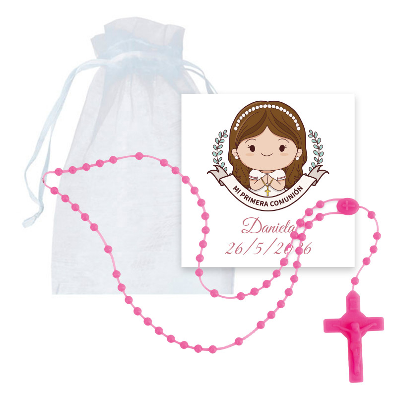 Rosario fuchsia en silicone avec carte de fille de communion personnalisée dans un sac en organza