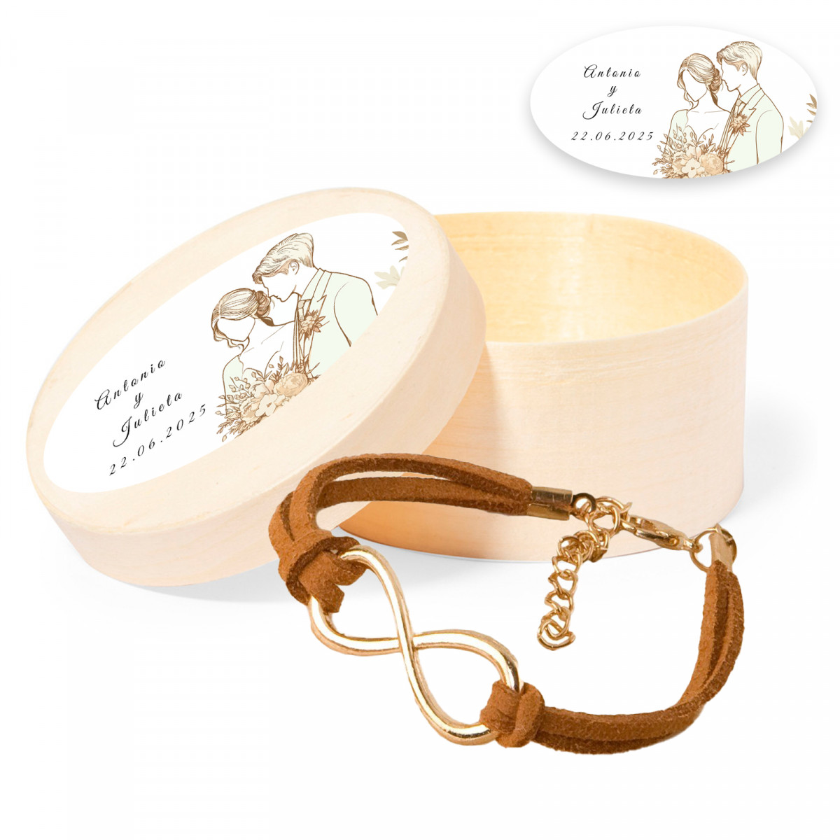 Bracelet infini doré dans une boîte en bois personnalisée avec un autocollant ovale romantique pour les mariages