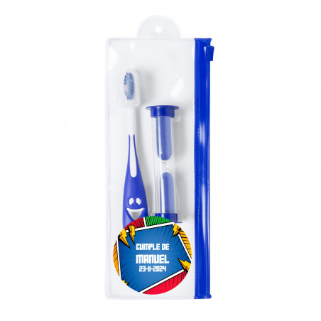 Brosse à dents pour enfants avec détails bleus et accessoires personnalisés avec des autocollants de super-héros