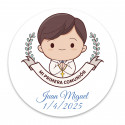 Outil multifonction bleu dans une housse avec autocollant personnalisé pour la communion d'un garçon