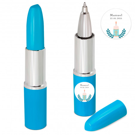 Stylo en forme de rouge à lèvres bleu avec autocollant personnalisé pour des détails de communion