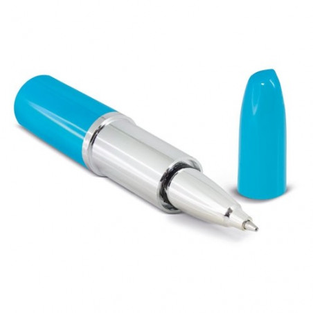 Stylo en forme de rouge à lèvres bleu avec autocollant personnalisé pour des détails de communion