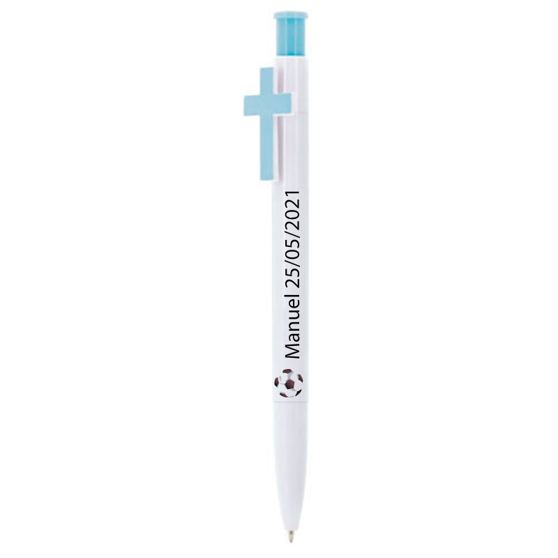Stylo blanc avec croix et autocollant de football personnalisé pour les détails de la première communion