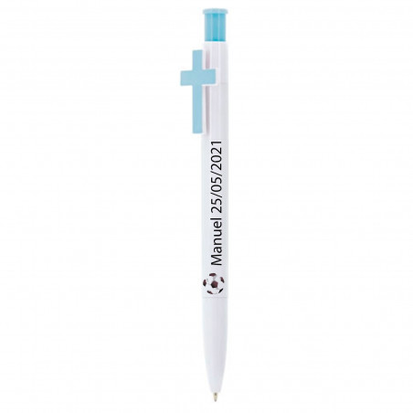 Stylo blanc avec croix et autocollant de football personnalisé pour les détails de la première communion