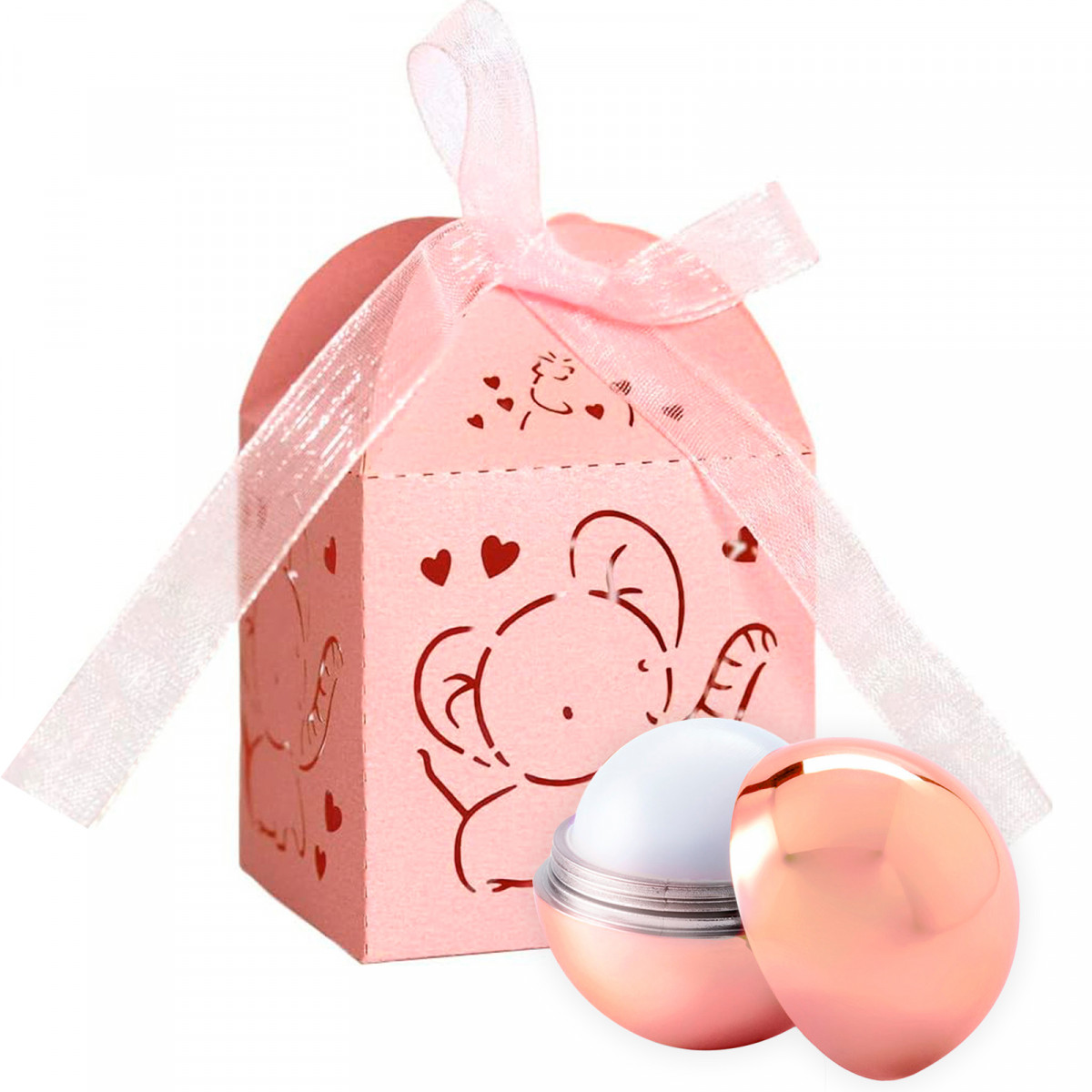 Baume à lèvres sphérique en or rose dans une élégante boîte pour des cadeaux