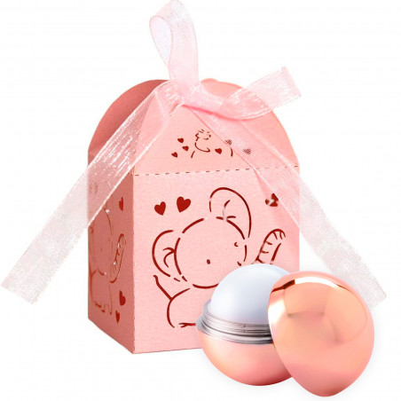 Baume à lèvres sphérique en or rose dans une boîte élégante pour plus de détails