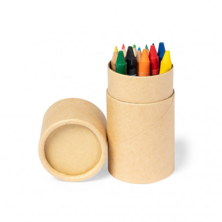 Couleurs en bois et crayons dans un étui rond avec autocollant de Noël pour les détails