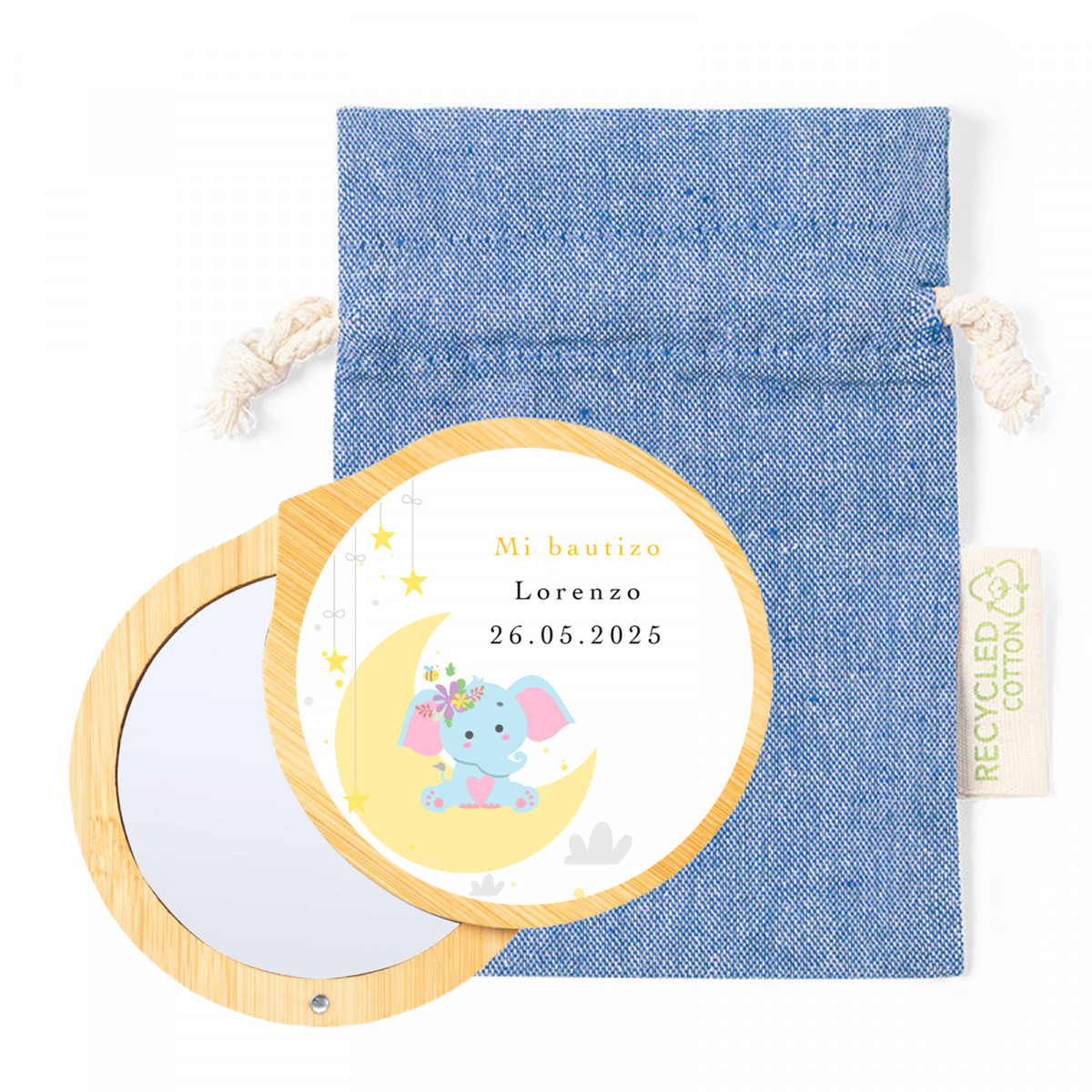 Miroir avec couvercle magnétique personnalisé avec autocollant d'éléphant et sac pour détails de baptême