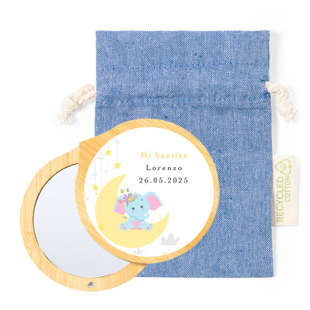 Miroir avec couvercle magnétique personnalisé avec autocollant d'éléphant et sac pour détails de baptême