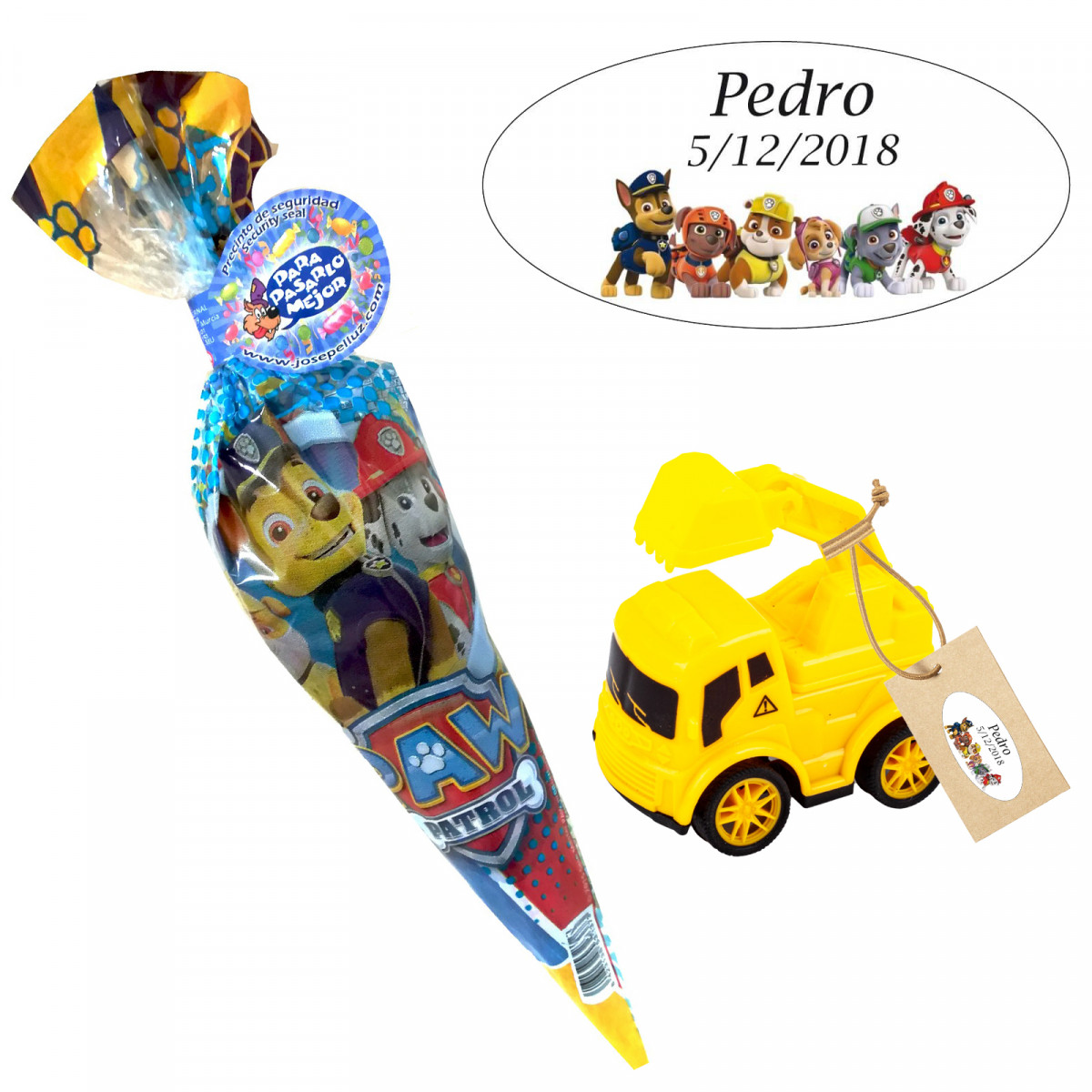 Véhicule de construction personnalisé avec autocollant de la Pat' Patrouille et sachet de bonbons à offrir