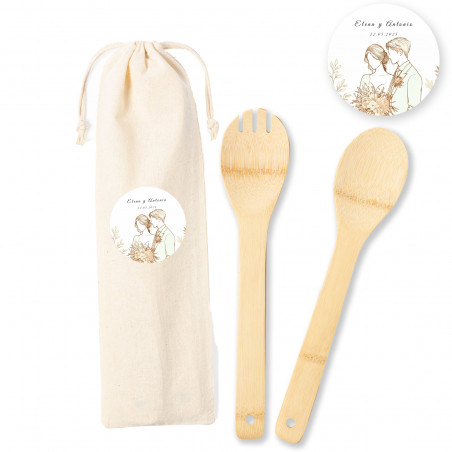 Ustensiles de salade en bambou à emporter dans un sac personnalisé pour les mariages