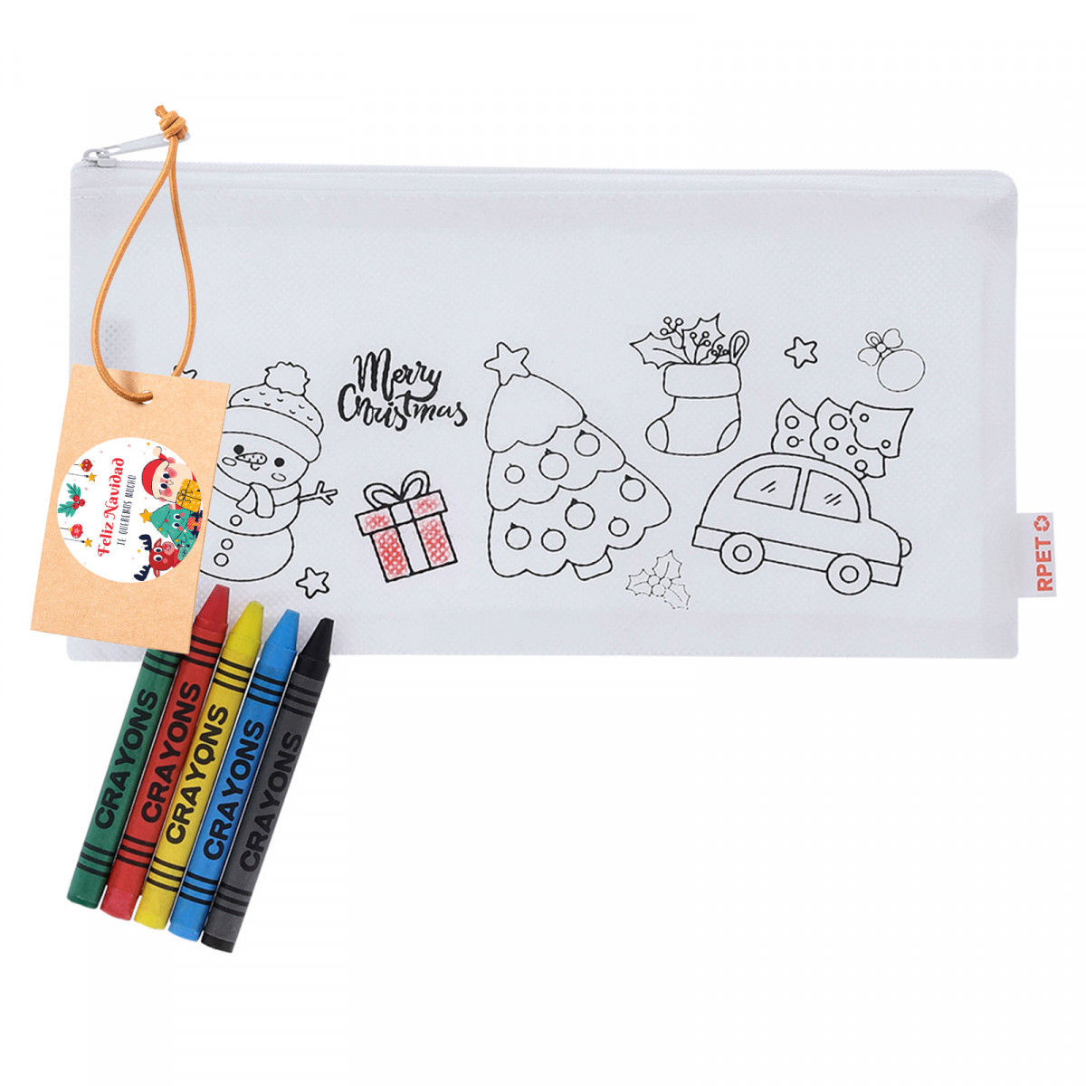 Étui de Noël à colorier avec crayons et étiquette autocollante personnalisable pour les détails