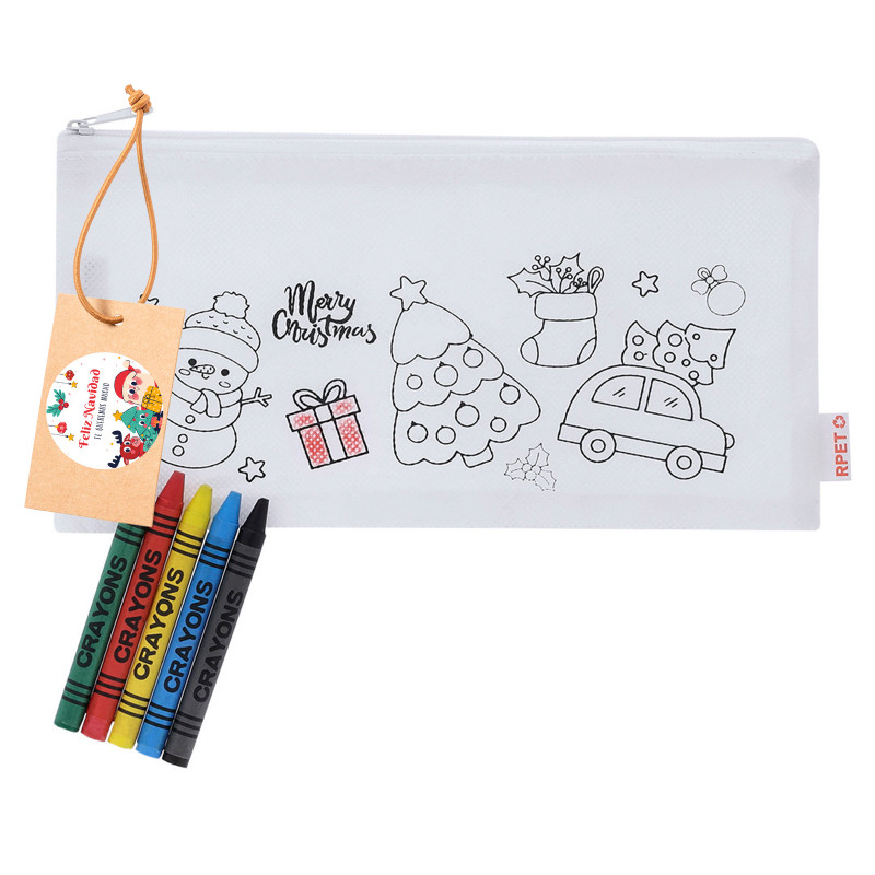 Étui de Noël à colorier avec crayons et étiquette autocollante personnalisable pour les détails
