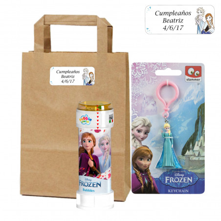 Porte-clés avec une figurine de Frozen et un souffleur de bulles dans un sac personnalisé à offrir