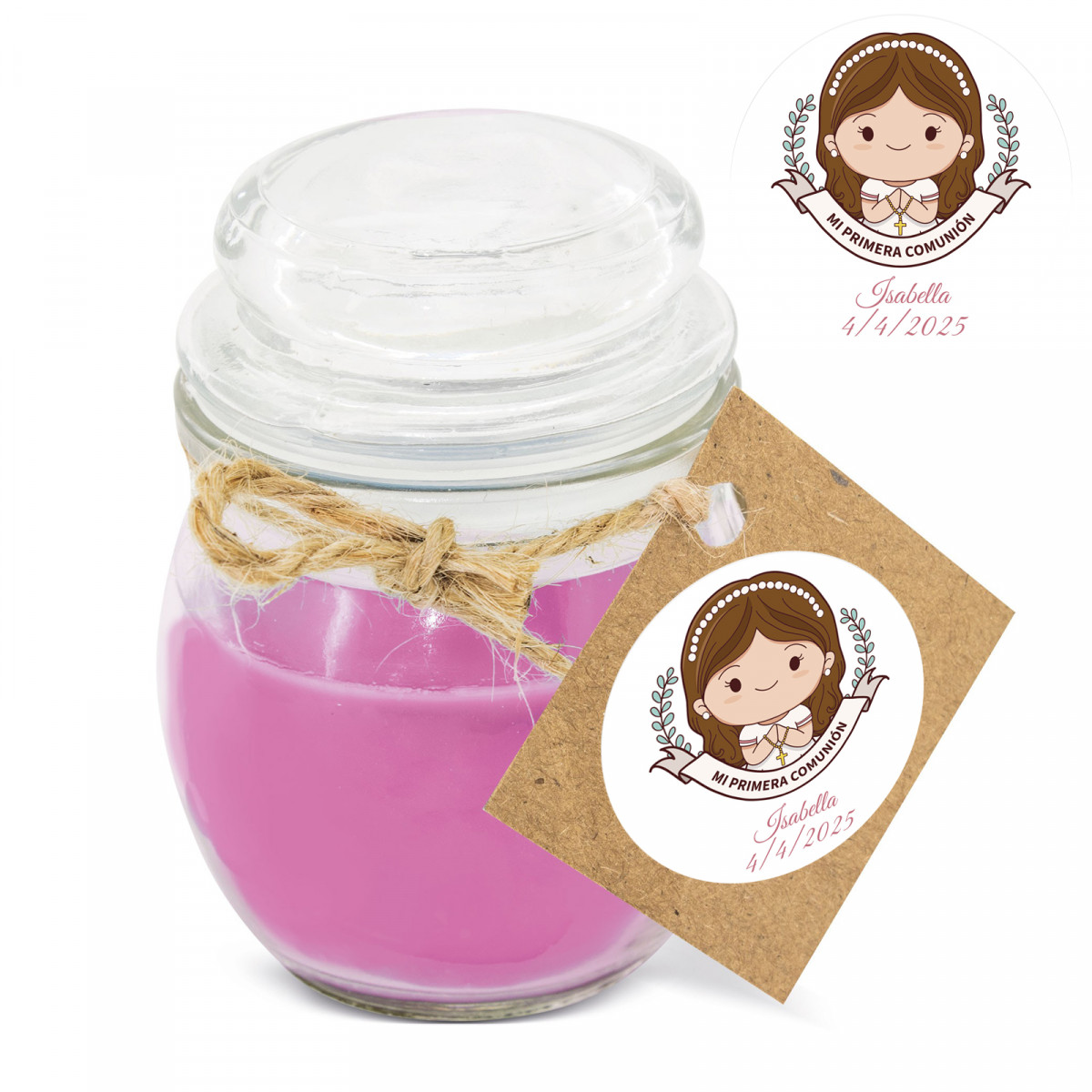 Bougie parfumée rose dans un pot en verre avec adhésif personnalisé pour la communion d'une fille