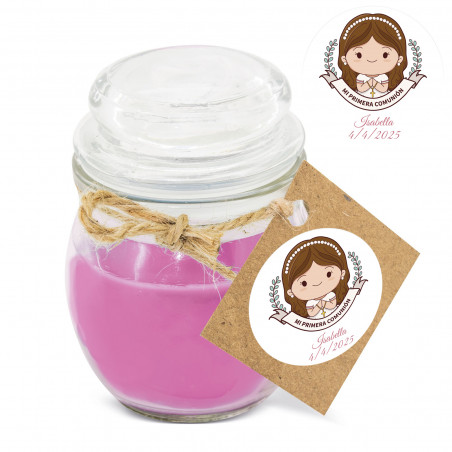Bougie parfumée rose dans un pot en verre avec adhésif personnalisé pour la communion d'une fille