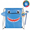 Sac à dos d'enfant requin avec crayon et étiquette personnalisée avec autocollant de bande dessinée pour invités