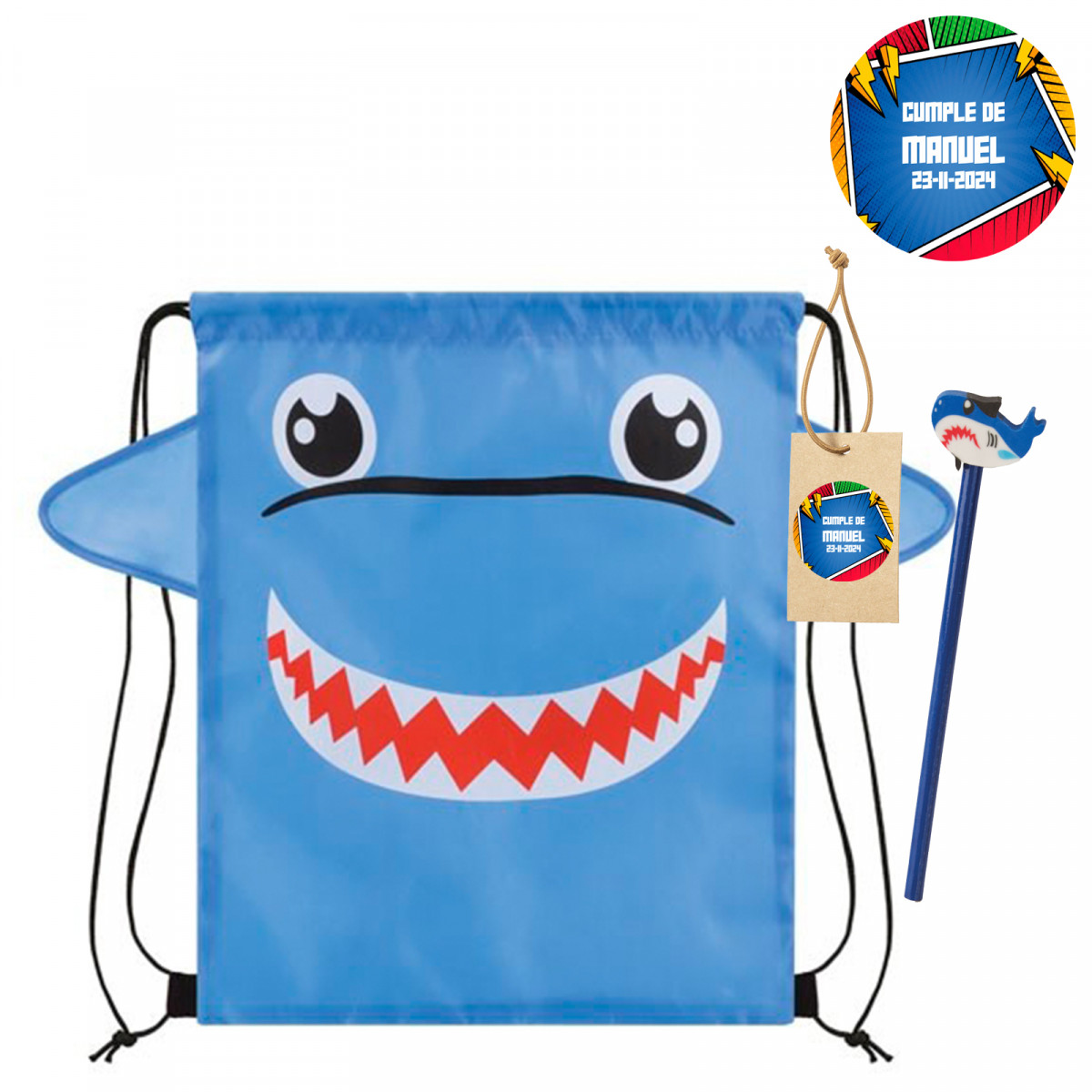 Sac à dos d'enfant requin avec crayon et étiquette personnalisée avec autocollant de bande dessinée pour invités