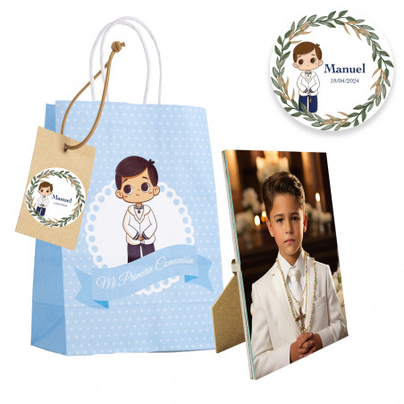 Cadre photo avec sac de communion pour garçon et étiquette personnalisable à offrir
