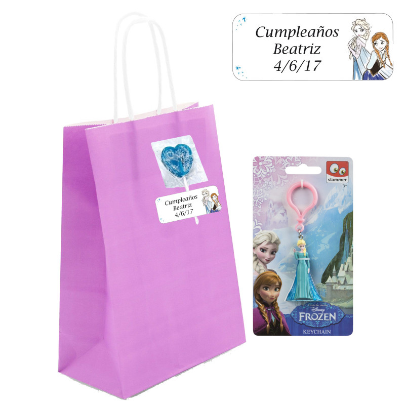 Porte-clé Frozen dans un sac personnalisé avec autocollant et sucette bleue pour les détails