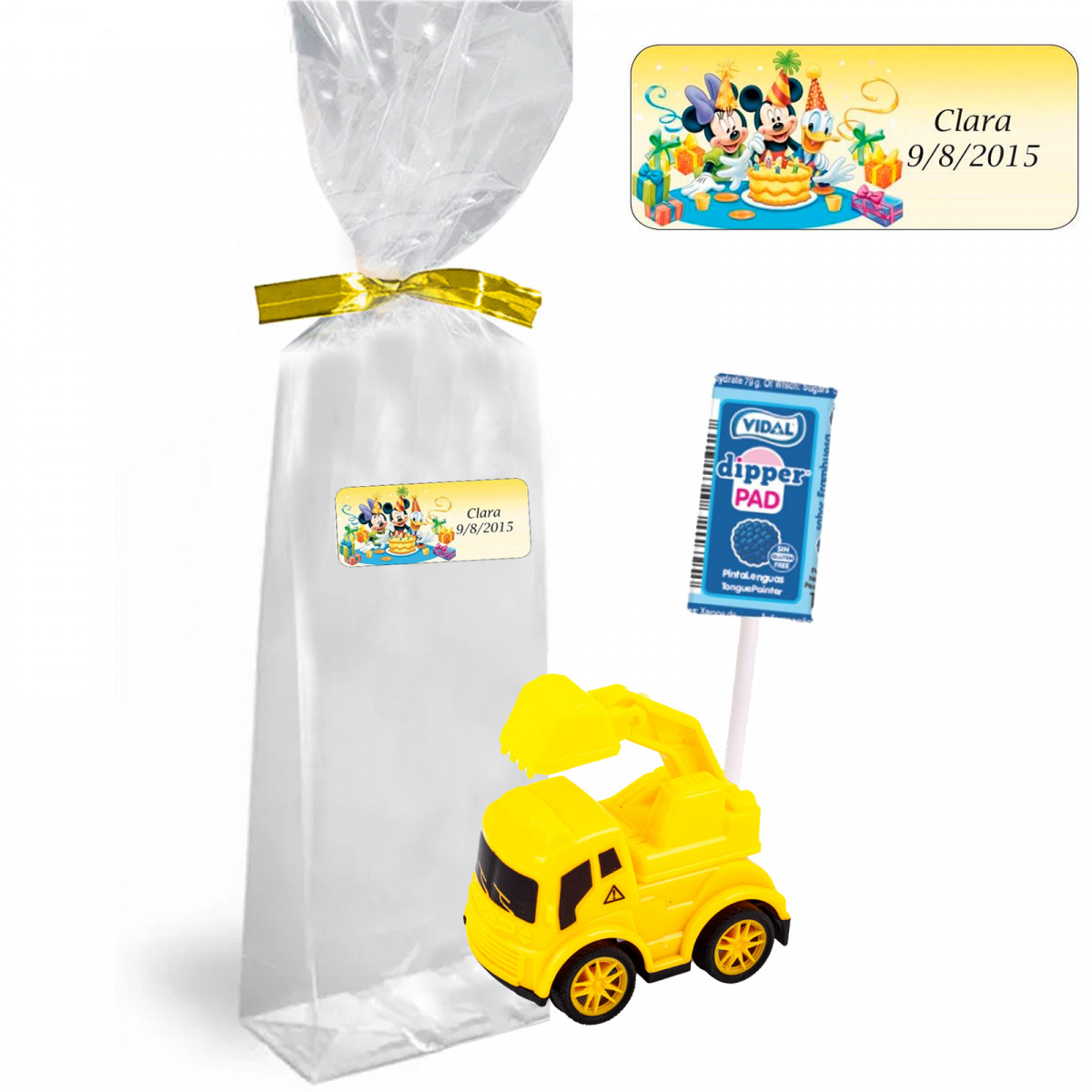 Grue jouet et dipper de framboise dans un sac personnalisé avec des personnages Disney pour un anniversaire