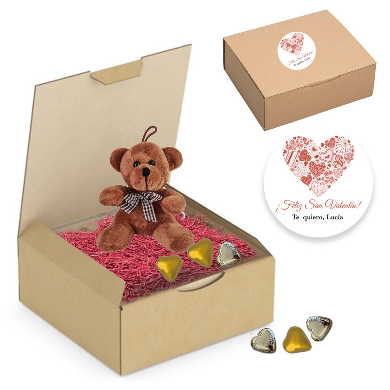 Ours en peluche à suspendre et chocolats en forme de cœur dans une boîte avec des copeaux personnalisés pour la Saint-Valentin