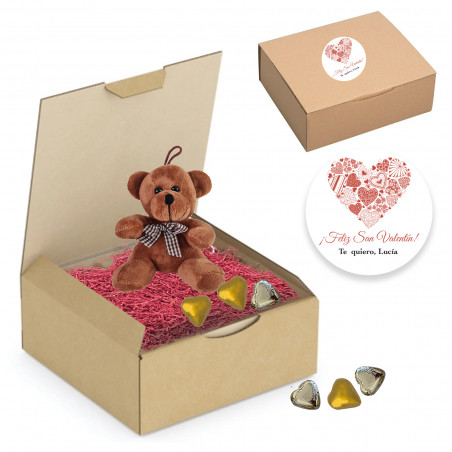 Ours en peluche à suspendre et chocolats en forme de cœur dans une boîte avec des copeaux personnalisés pour la Saint-Valentin