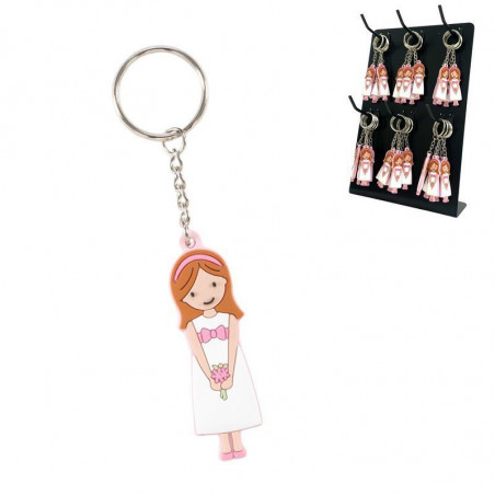 Porte-clés de communion fille dans un sac rose framboise personnalisé avec autocollant avec colombe à offrir