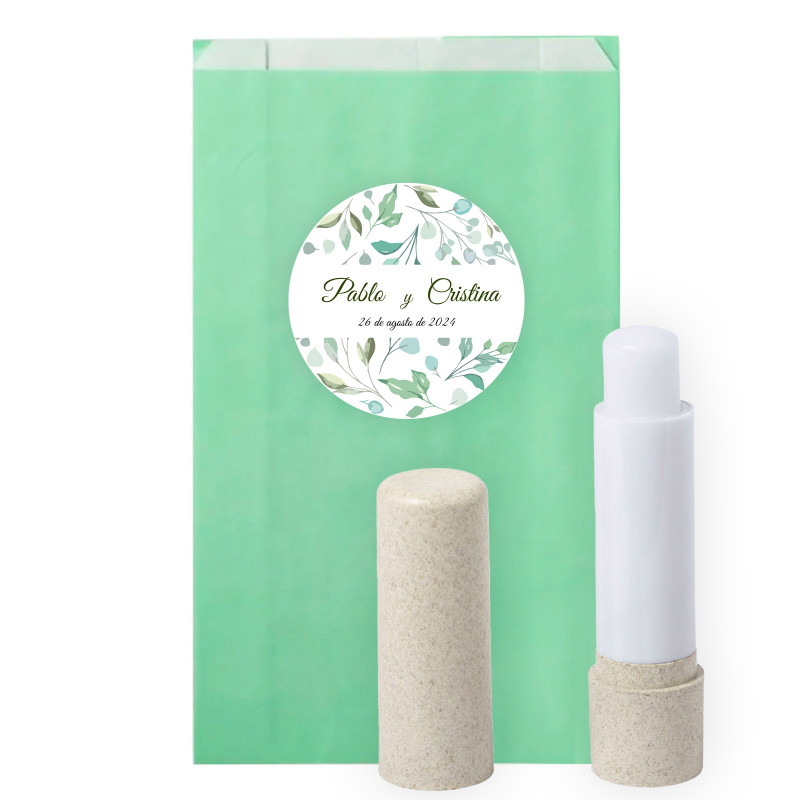 Baume à lèvres éco en enveloppe avec adhésif design feuilles personnalisable pour détails