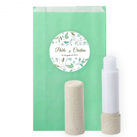 Baume à lèvres éco en enveloppe avec adhésif design feuilles personnalisable pour détails