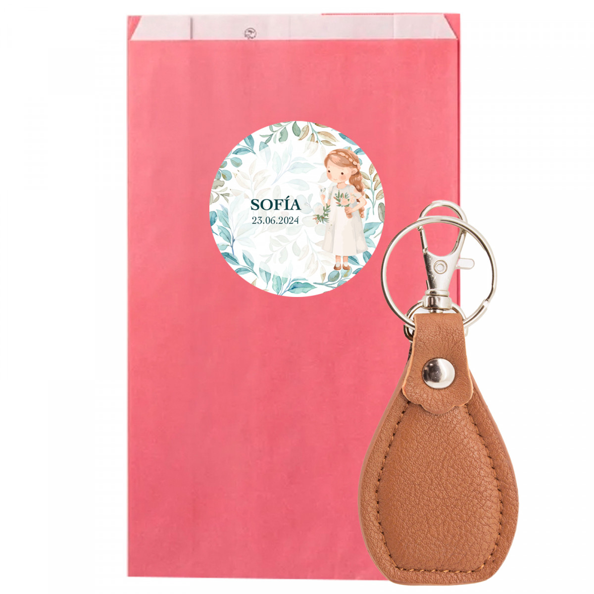 Porte-clés en enveloppe rose avec adhésif première communion pour détails fille