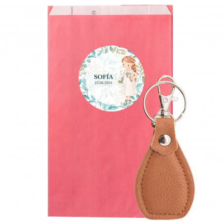 Porte-clés en enveloppe rose avec adhésif première communion pour détails fille