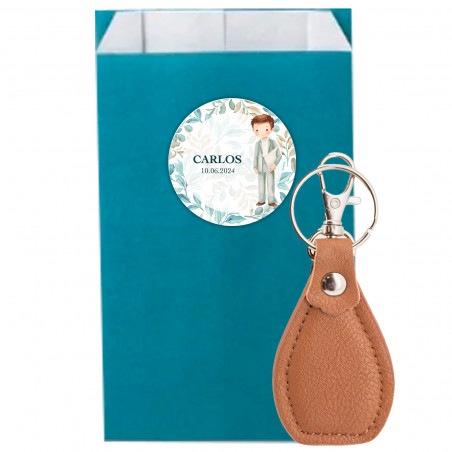 Porte-clés en enveloppe bleu canard avec adhésif première communion pour détails garçon