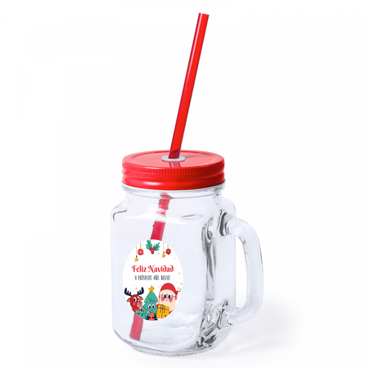 Bocal en verre avec paille et autocollant de Noël personnalisable pour des cadeaux