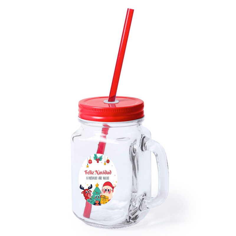 Bocal en verre avec paille et autocollant de Noël personnalisable pour des cadeaux